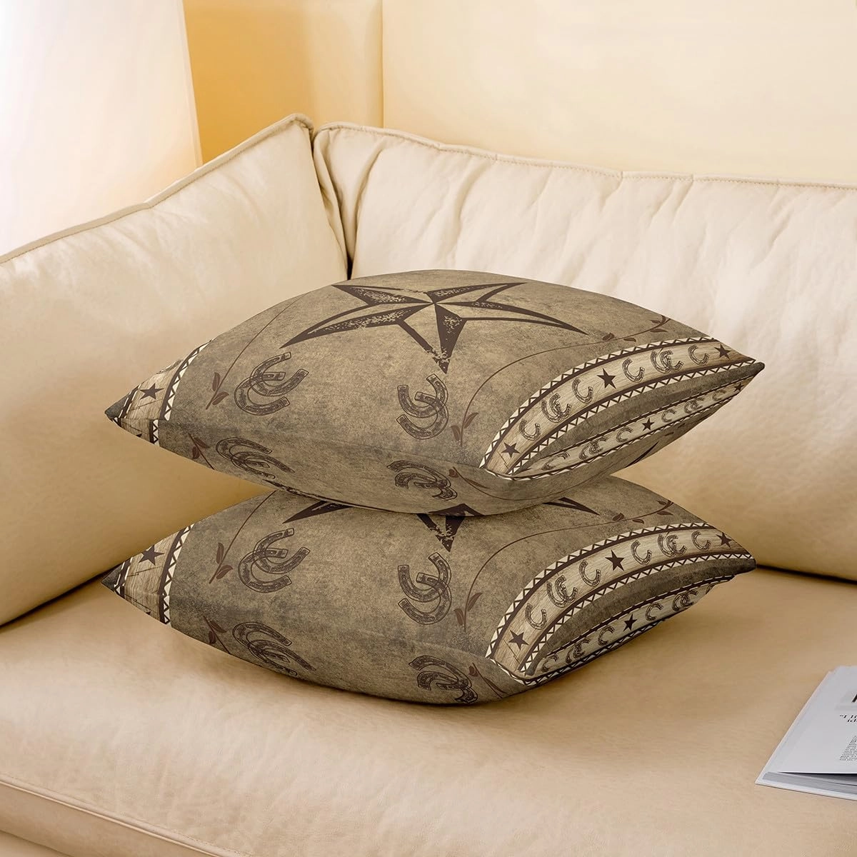 Erosebridal Western Texas Star Throw Pillow Cover 18x18 Inch,Rustic Farmhouse Pillow Cover,Horseshoe Cowboy Cushion Case,Retro Cabin Southwestern Decorative Square Pillow Case,Taupe