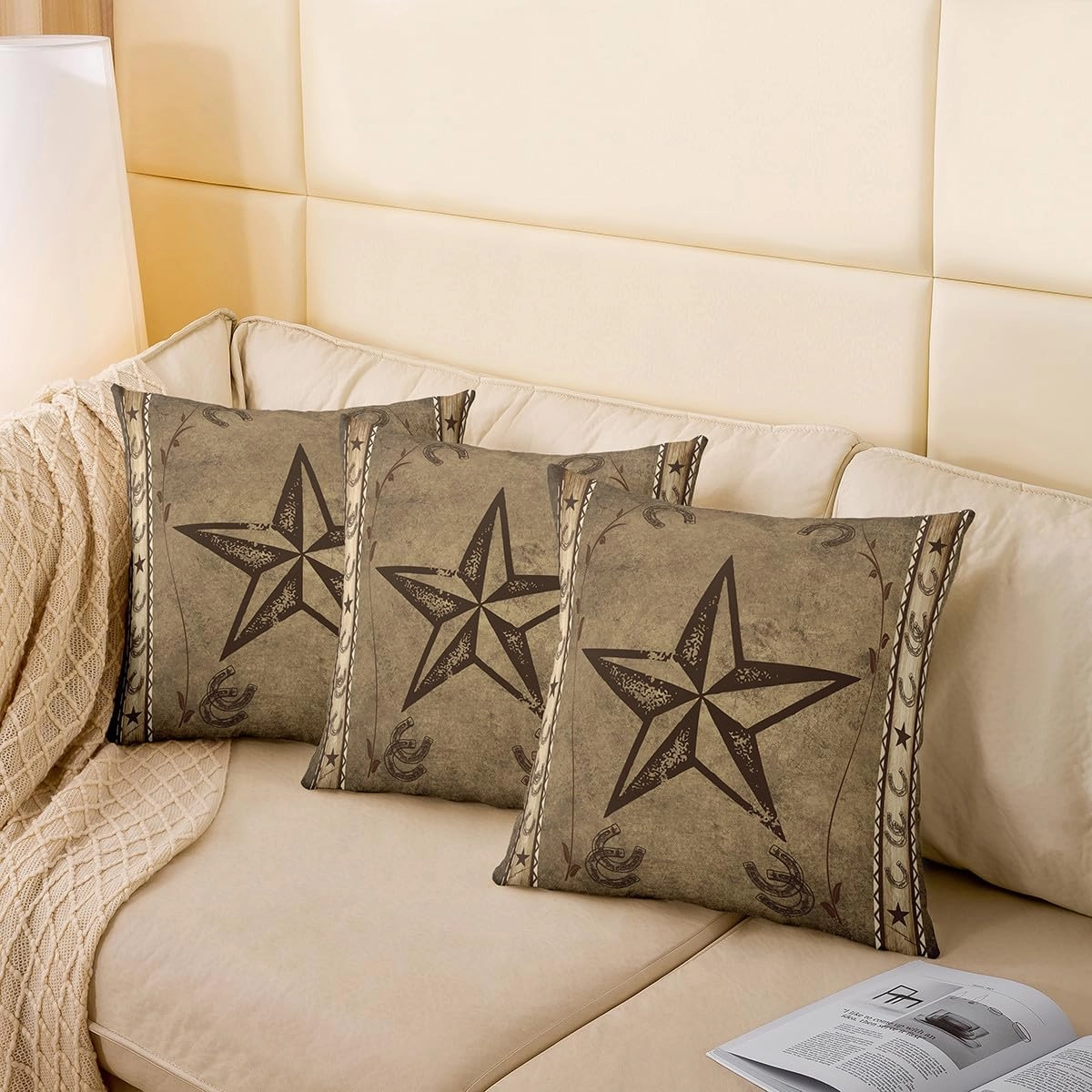 Erosebridal Western Texas Star Throw Pillow Cover 18x18 Inch,Rustic Farmhouse Pillow Cover,Horseshoe Cowboy Cushion Case,Retro Cabin Southwestern Decorative Square Pillow Case,Taupe
