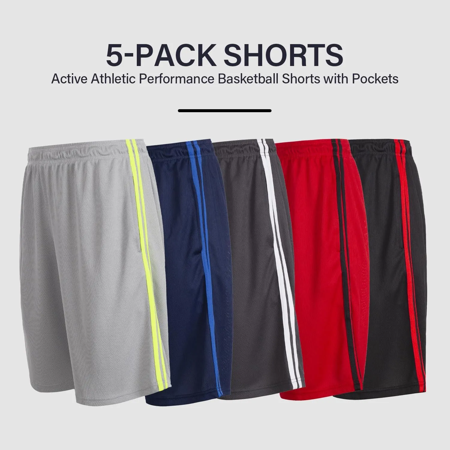 Essential Elements Boys 5-Pack Active Athletic Performance Basketball Shorts with Pockets