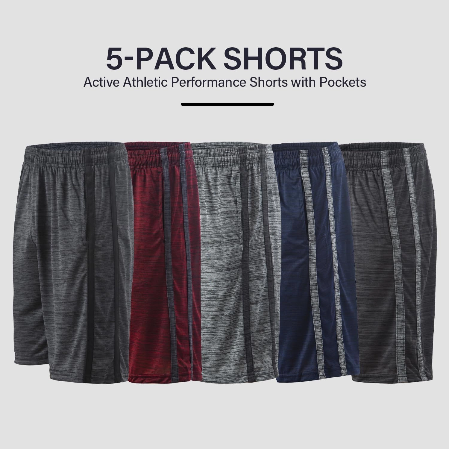 Essential Elements Boys 5-Pack Active Athletic Performance Basketball Shorts with Pockets