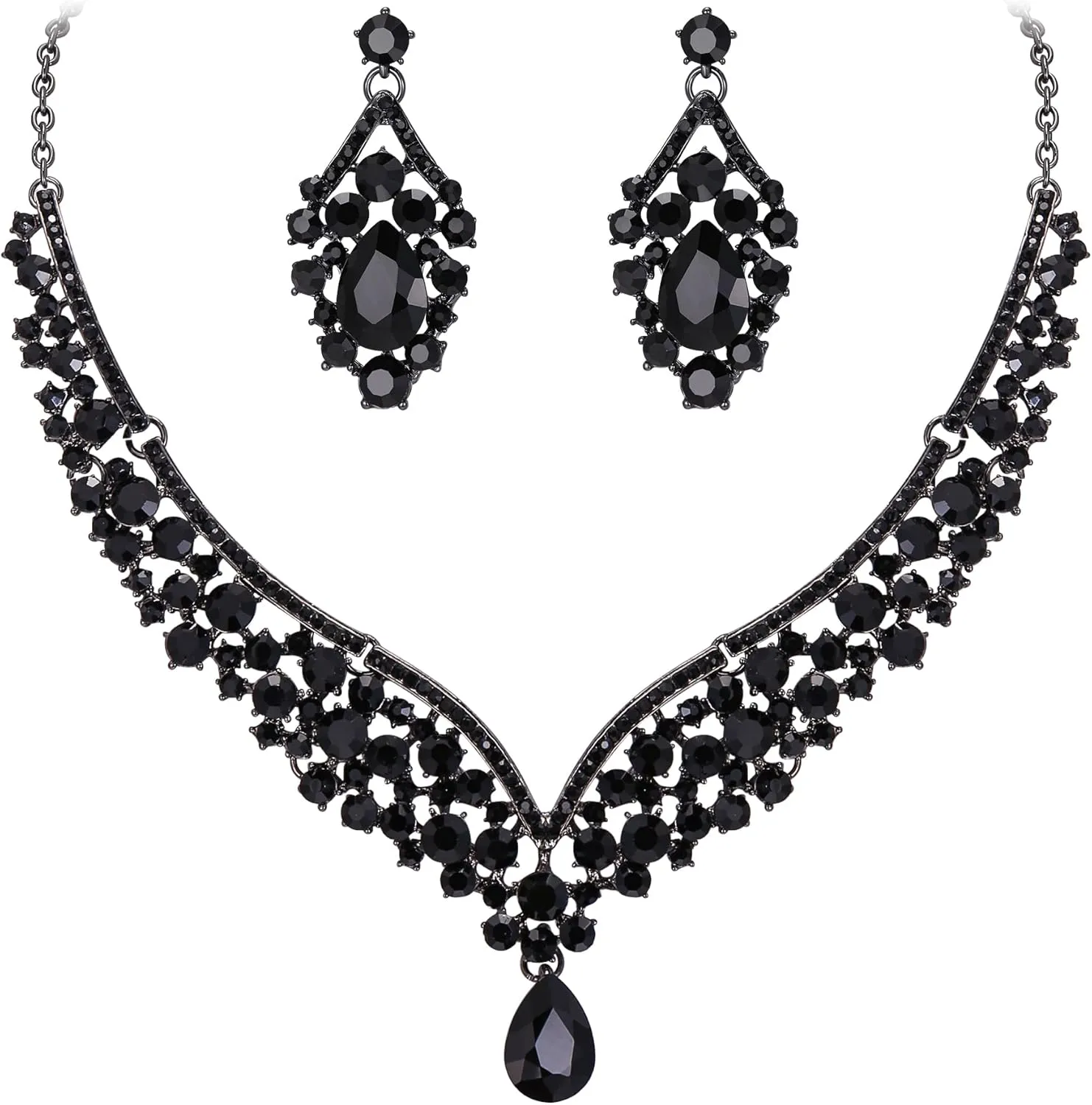 EVER FAITH Wedding Jewelry for Bride Austrian Crystal Elegant V-Shaped Teardrop Bridal Prom Statement Necklace Earrings Set for Women