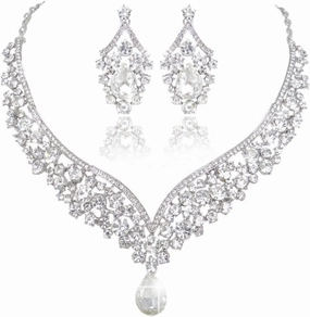 EVER FAITH Wedding Jewelry for Bride Austrian Crystal Elegant V-Shaped Teardrop Bridal Prom Statement Necklace Earrings Set for Women