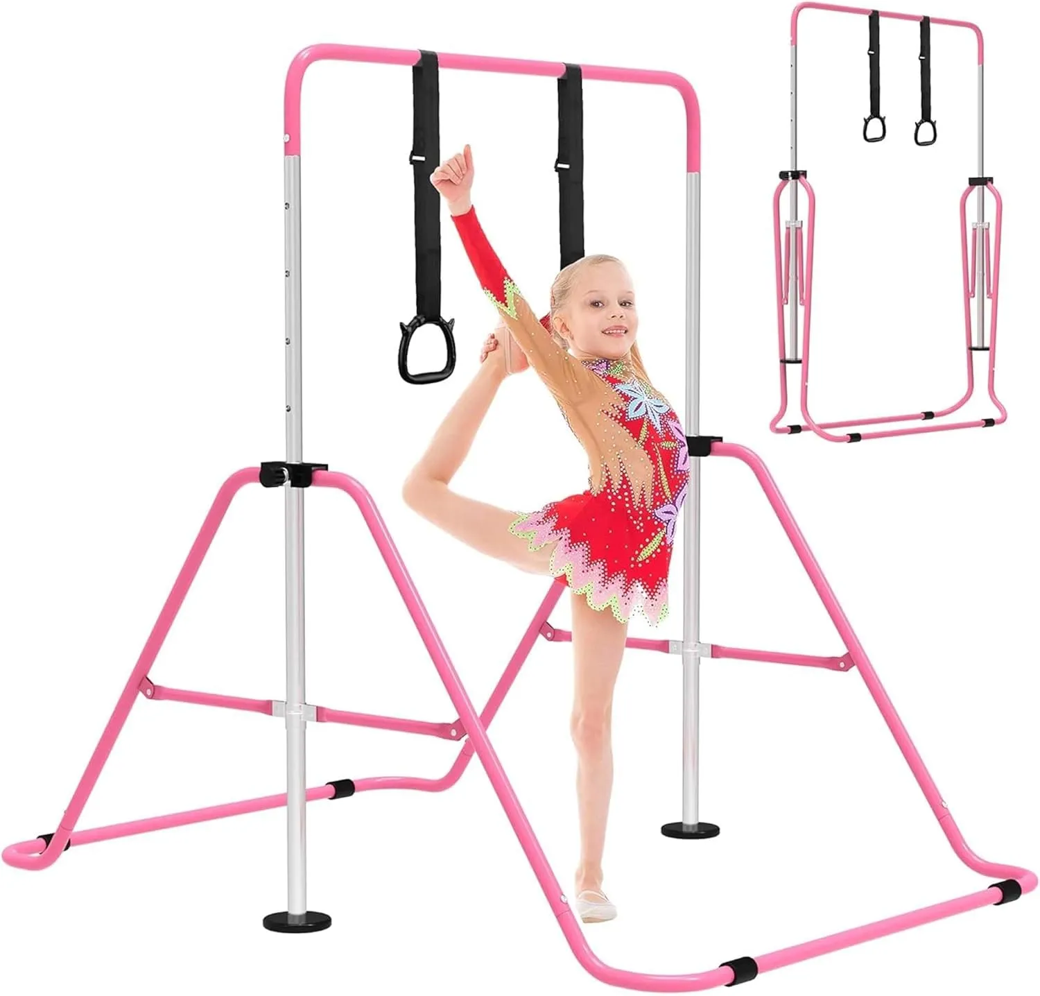 EVERYMILE Gymnastics Bars, Junior Training Kip Bar Gymnastics Equipment for Home，Adjustable Height Folding Gymnastic Horizontal Bars Monkey Bar with Gymnastics Rings for Kid Gymnasts, Child, Girl, Boy