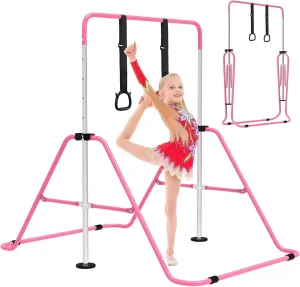 EVERYMILE Gymnastics Bars, Junior Training Kip Bar Gymnastics Equipment for Home，Adjustable Height Folding Gymnastic Horizontal Bars Monkey Bar with Gymnastics Rings for Kid Gymnasts, Child, Girl, Boy