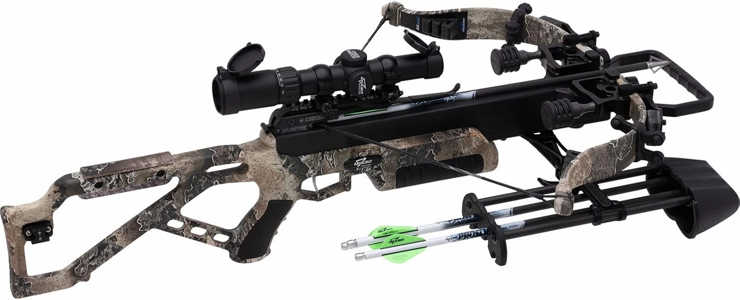 Excalibur Micro 380 Lightweight Compact Accurate Ambidextrous CeaseFire Safety Hunting Archery Crossbow - Scope, 30 mm Scope Rings, 4 Quill 16.5" Arrows, Rebolt Quiver Included