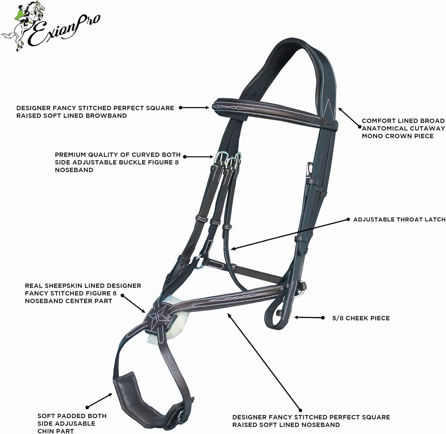 Exion Figure 8 English Jumping Bridle with Soft Padding & Rubber Reins | Anatomical Mono Crown | Grakle Noseband Mexican Bridle with SS Buckles | Premium Horse Bridle for Jumping & Eventing