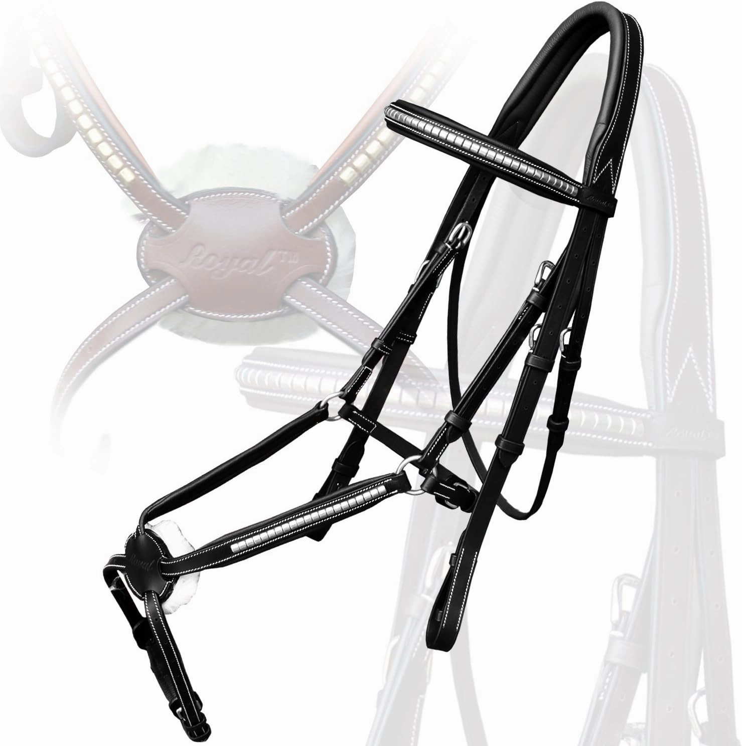 Exion Premium English Leather Figure 8 Bridle with Silver Clincher Noseband & Browband | Soft Padded Anatomical Crown Piece | Rubber Reins | Adjustable Fit | Jumping, Hunter, Eventing