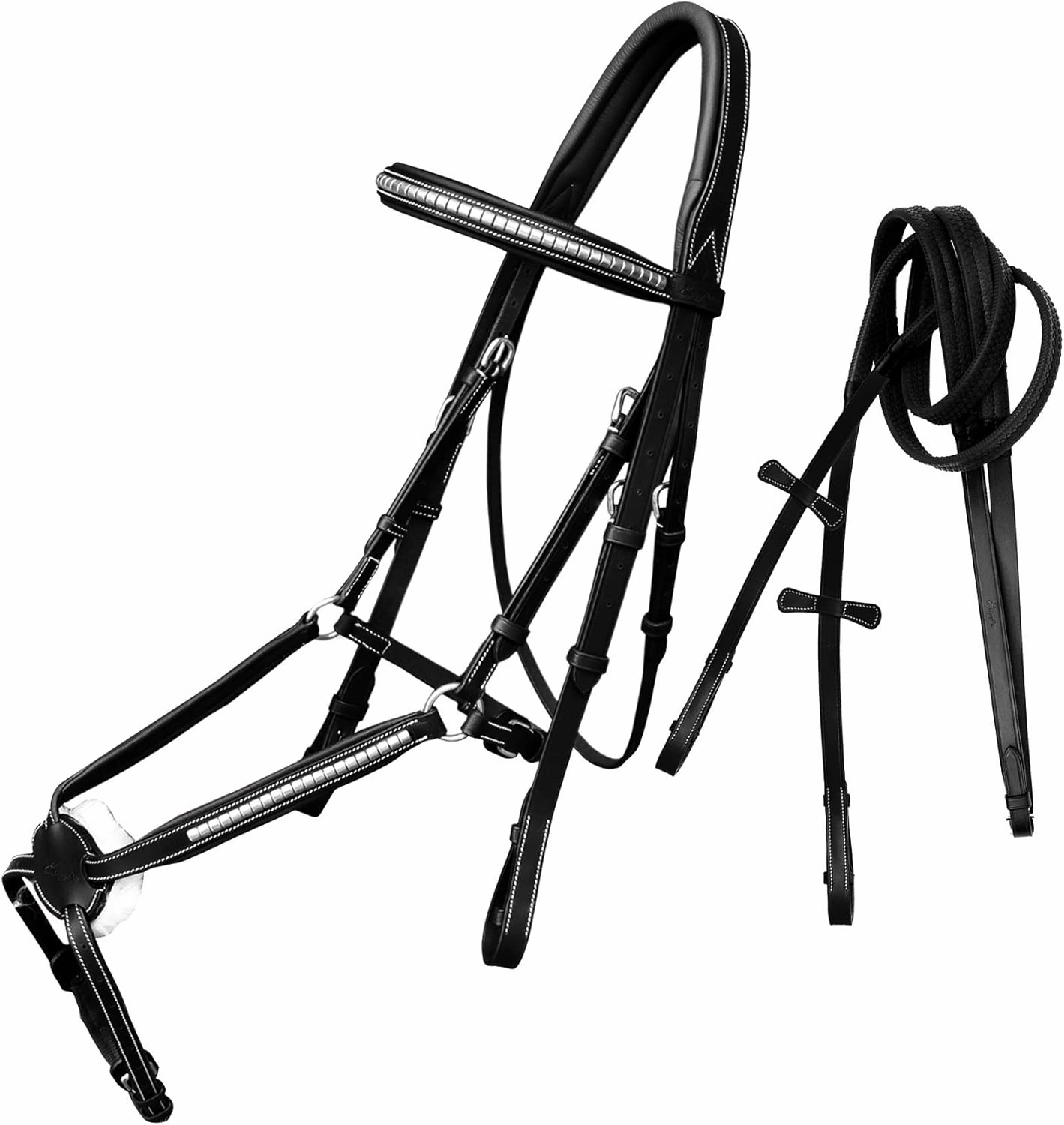 Exion Premium English Leather Figure 8 Bridle with Silver Clincher Noseband & Browband | Soft Padded Anatomical Crown Piece | Rubber Reins | Adjustable Fit | Jumping, Hunter, Eventing