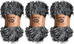 Eyelash Fun Fur Yarn Premium 100% Polyester 164 Yds (150 Mt), 3.53 Oz (100 Gr) Colorful Crochet Yarn Dıy Hand Knitting (Black White, 3 Skein)