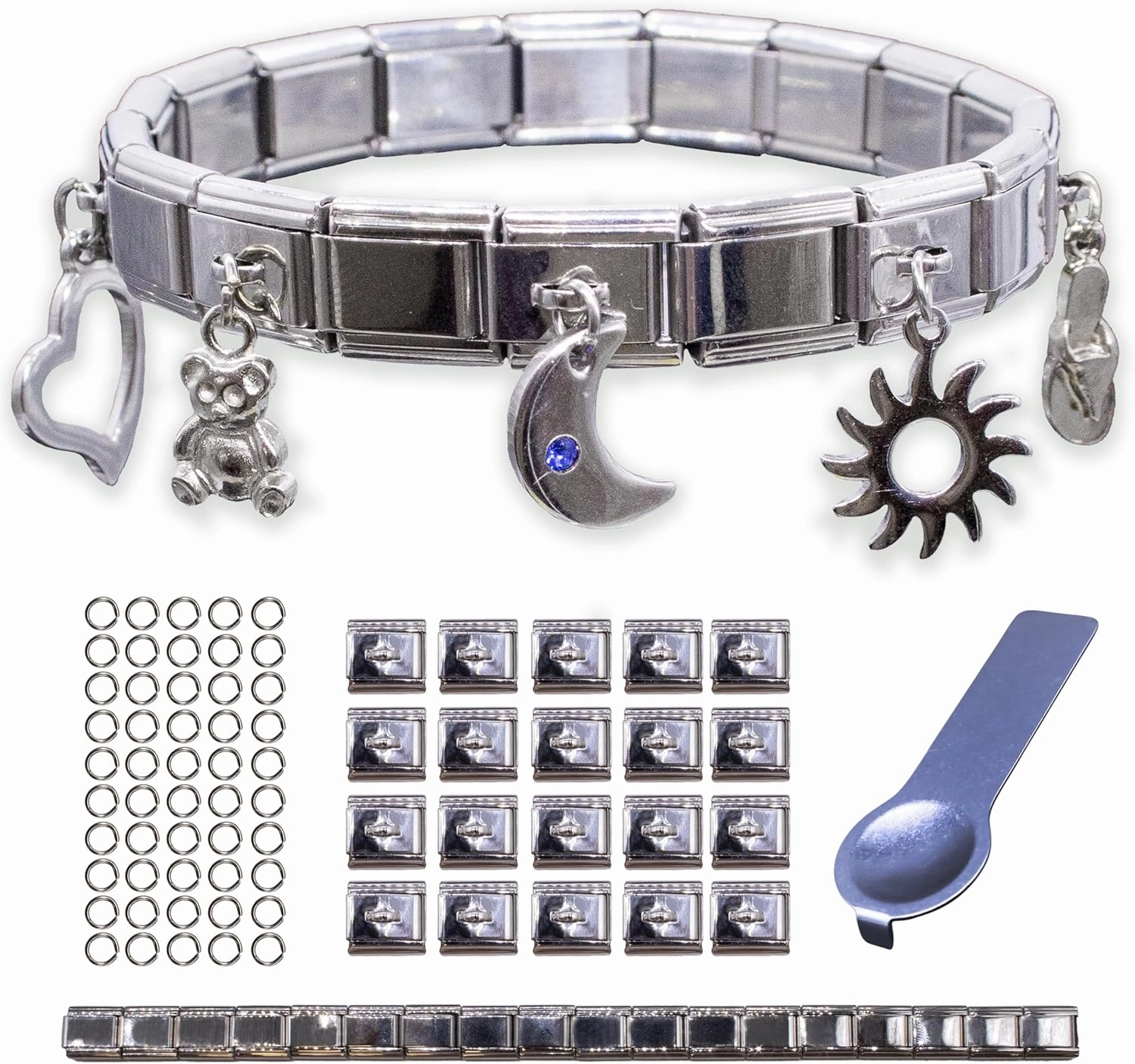 Fablinks Italian Charm Bracelet Starter Kit, 9mm 304 Stainless Steel Nomination Charms Link Bracelets for Women, Silver Modular Jewelry Pack for Men with Tool