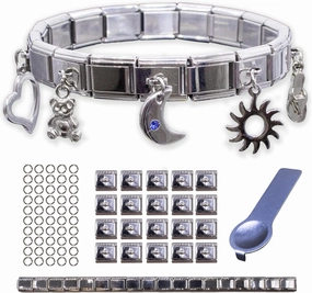 Fablinks Italian Charm Bracelet Starter Kit, 9mm 304 Stainless Steel Nomination Charms Link Bracelets for Women, Silver Modular Jewelry Pack for Men with Tool
