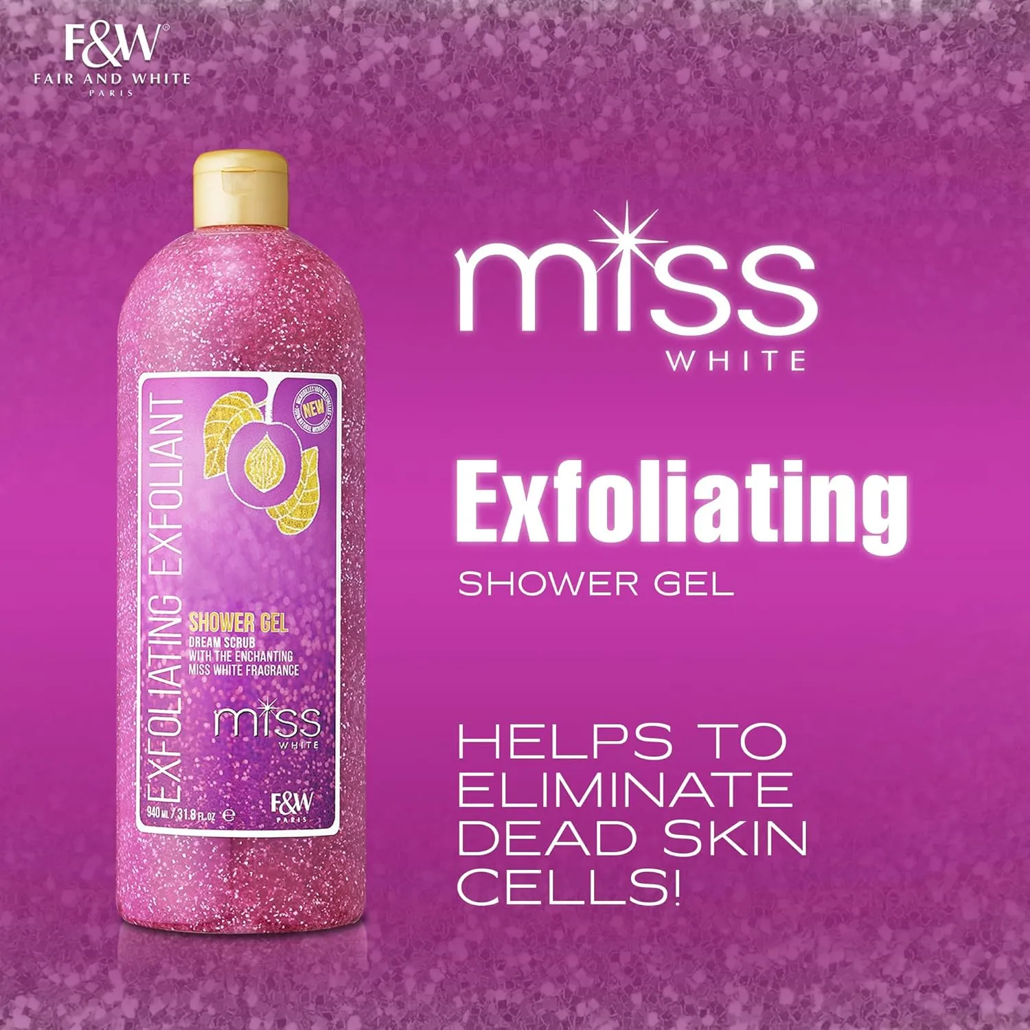 FAIR & WHITE Miss White Exfoliating Shower Gel 1000ml - Formulated to Exfoliate Skin, with Pomegranate and Glycerin
