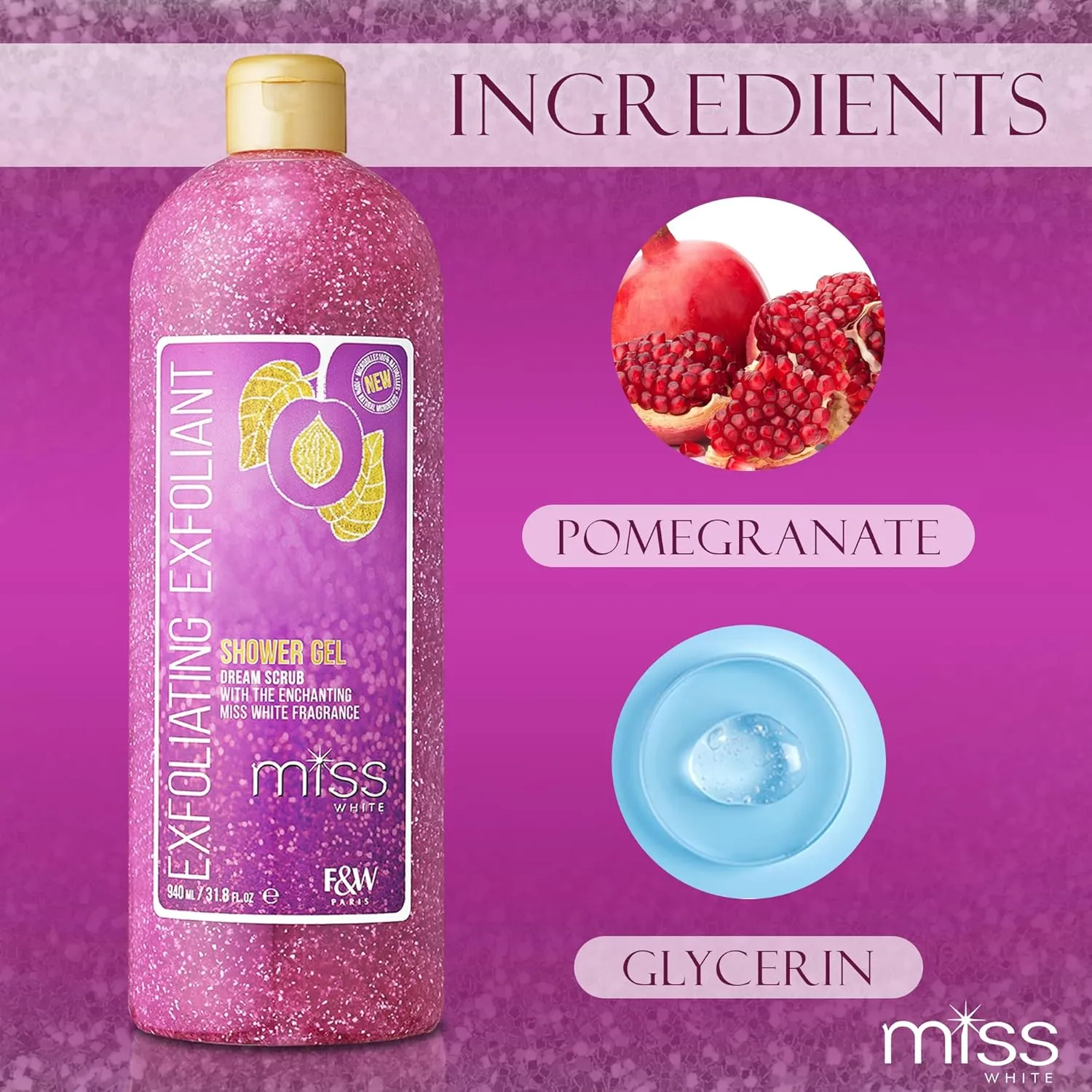 FAIR & WHITE Miss White Exfoliating Shower Gel 1000ml - Formulated to Exfoliate Skin, with Pomegranate and Glycerin
