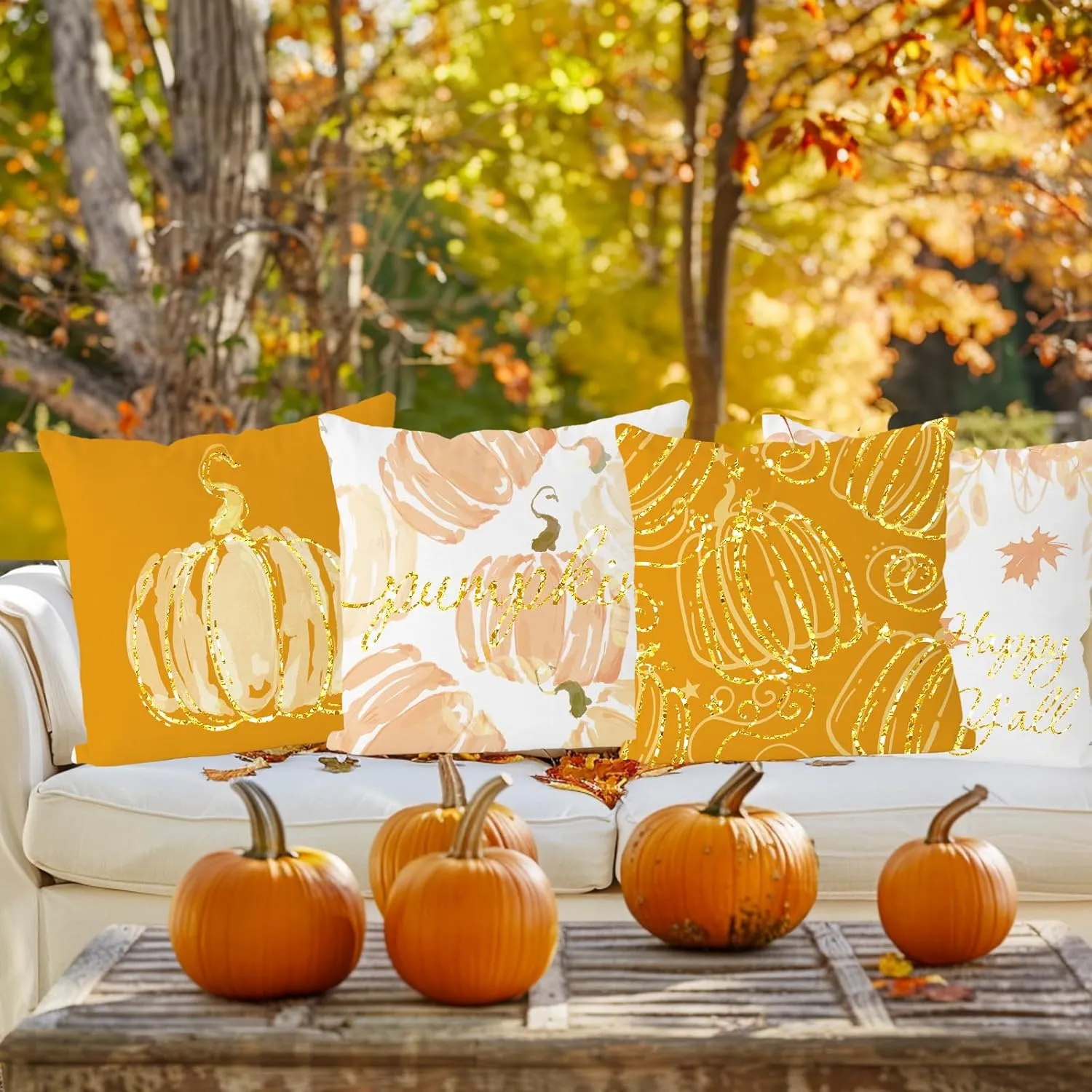 Fall Pillow Covers 16x16 Inch Set of 4 Glitter Pumpkins Throw Pillowcase Autumn Harvest Farmhouse Home Decorations Sofa Bedroom Cushion Case