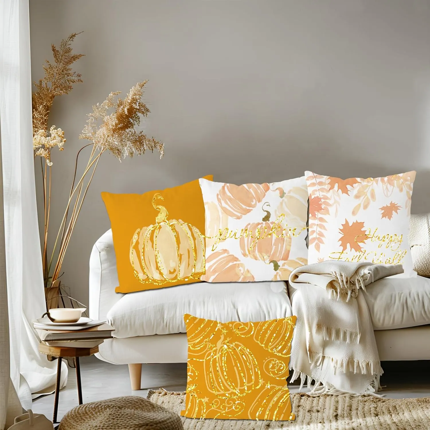 Fall Pillow Covers 16x16 Inch Set of 4 Glitter Pumpkins Throw Pillowcase Autumn Harvest Farmhouse Home Decorations Sofa Bedroom Cushion Case