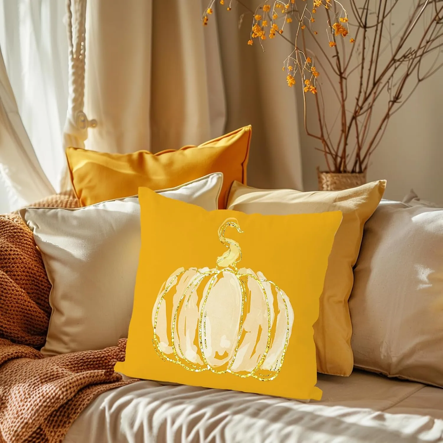 Fall Pillow Covers 16x16 Inch Set of 4 Glitter Pumpkins Throw Pillowcase Autumn Harvest Farmhouse Home Decorations Sofa Bedroom Cushion Case