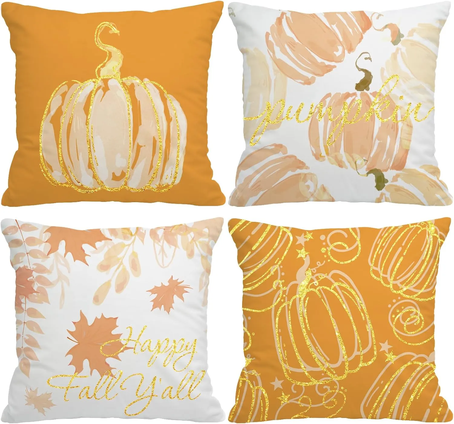 Fall Pillow Covers 16x16 Inch Set of 4 Glitter Pumpkins Throw Pillowcase Autumn Harvest Farmhouse Home Decorations Sofa Bedroom Cushion Case