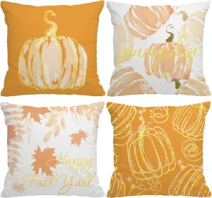 Fall Pillow Covers 16x16 Inch Set of 4 Glitter Pumpkins Throw Pillowcase Autumn Harvest Farmhouse Home Decorations Sofa Bedroom Cushion Case