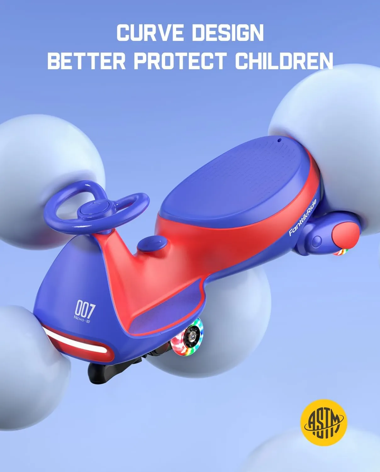 FanttikRide 12V N7 Pro Electric Wiggle Car with Pedal, Rechargeable Battery, CyberWiggle, 2 in 1 Swing Car, 2 Speed, Anti-Rollover, Flashing Wheels, Bluetooth, for Ages 3 and Up, 150 Lbs, Blue