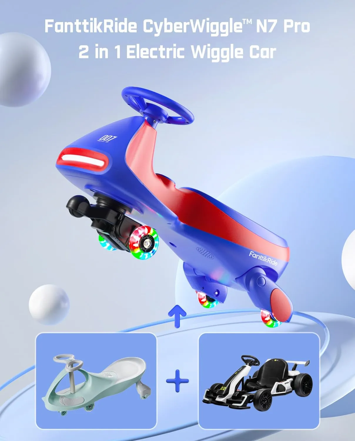 FanttikRide 12V N7 Pro Electric Wiggle Car with Pedal, Rechargeable Battery, CyberWiggle, 2 in 1 Swing Car, 2 Speed, Anti-Rollover, Flashing Wheels, Bluetooth, for Ages 3 and Up, 150 Lbs, Blue