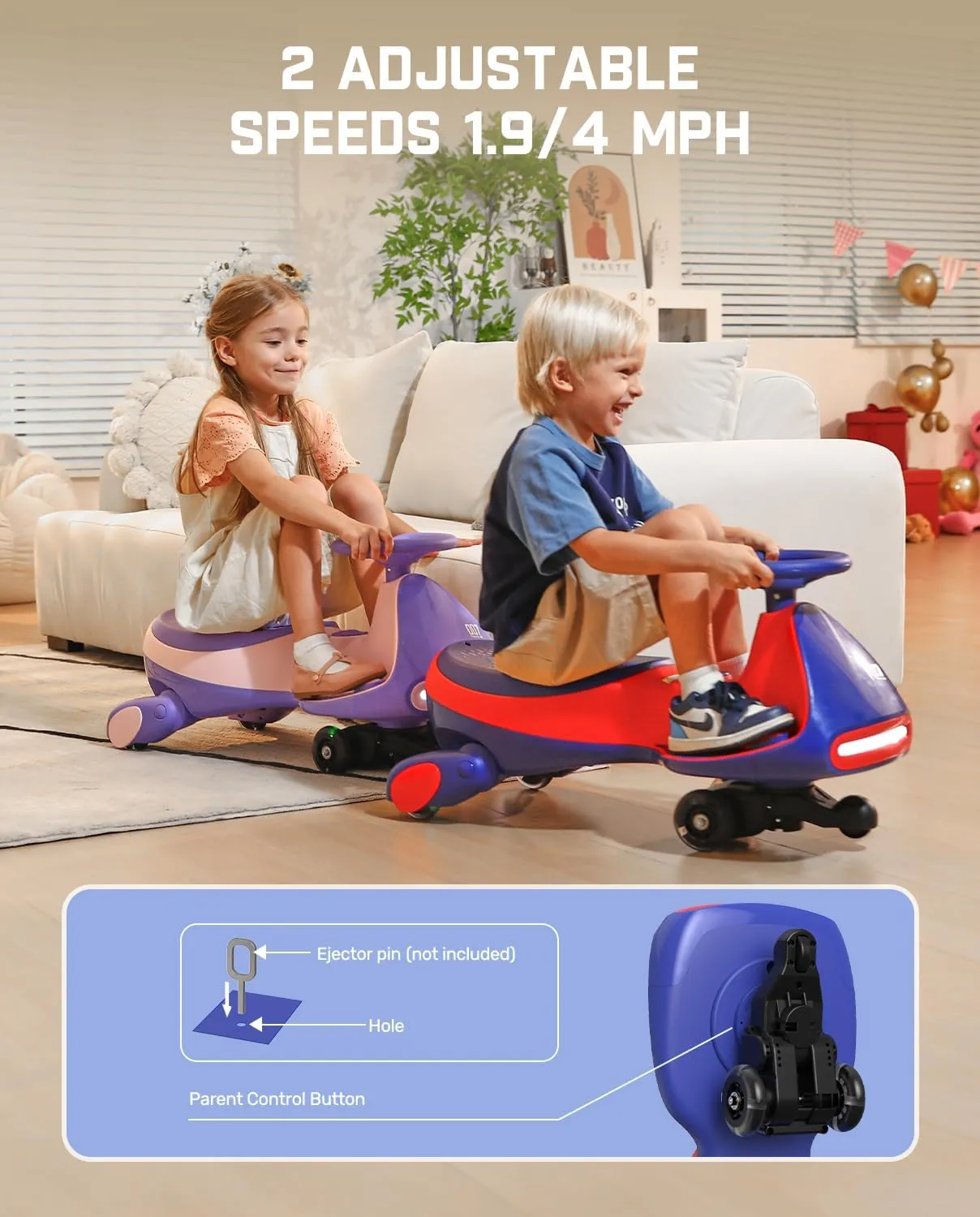 FanttikRide 12V N7 Pro Electric Wiggle Car with Pedal, Rechargeable Battery, CyberWiggle, 2 in 1 Swing Car, 2 Speed, Anti-Rollover, Flashing Wheels, Bluetooth, for Ages 3 and Up, 150 Lbs, Blue