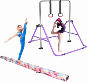 FBSPORT 8FT Folding Floor Beam, Ideal for Home Training and Professional Practice and Gymnastics Bar & Balance Beam Set for Kids, Adjustable Height Horizontal Bar with Rings