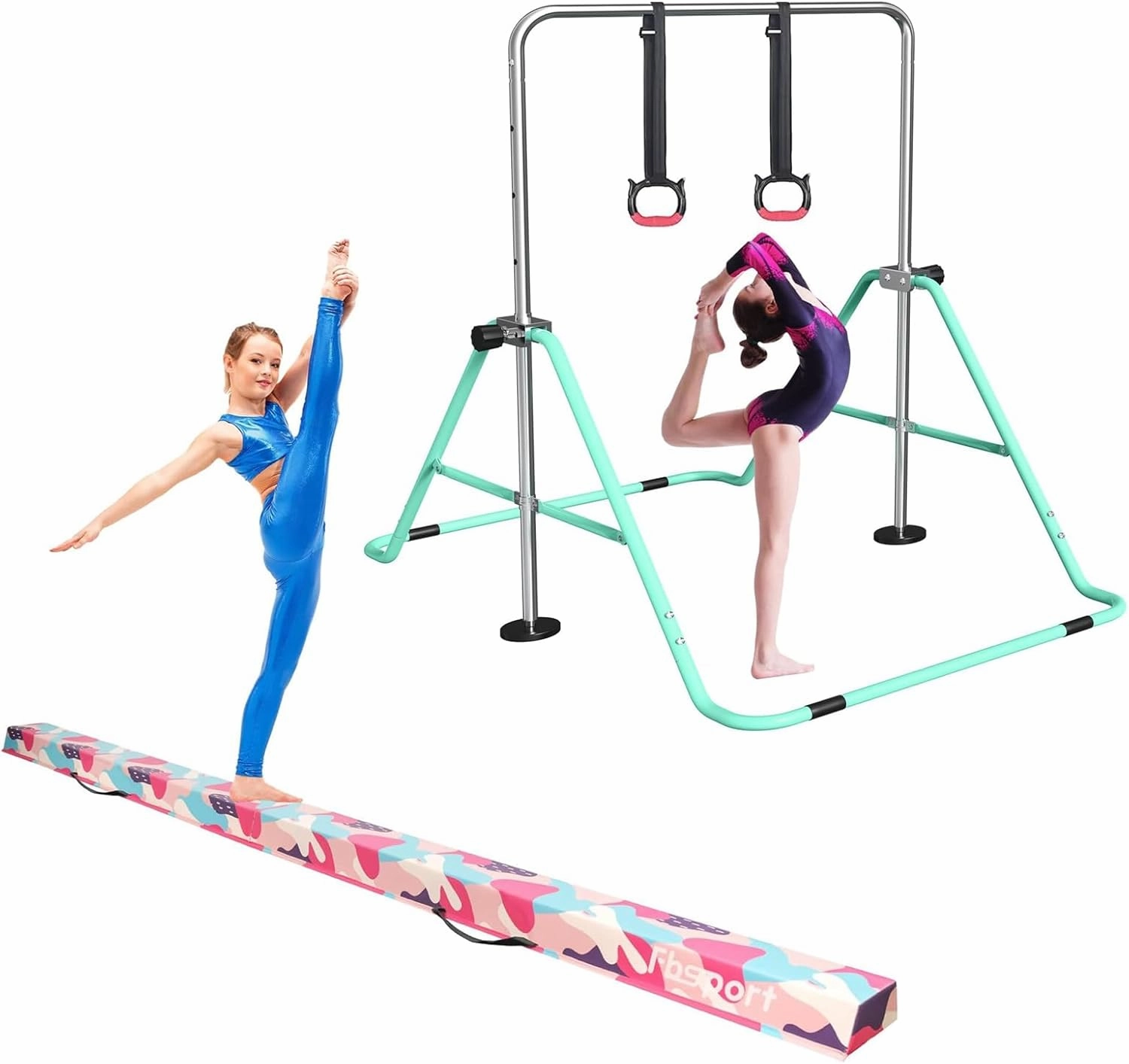 FBSPORT 8FT Folding Floor Beam, Ideal for Home Training and Professional Practice and Gymnastics Bar & Balance Beam Set for Kids, Adjustable Height Horizontal Bar with Rings