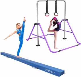 FBSPORT 8FT Folding Floor Beam, Ideal for Home Training and Professional Practice and Gymnastics Bar & Balance Beam Set for Kids, Adjustable Height Horizontal Bar with Rings