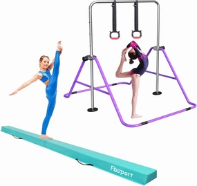 FBSPORT 8FT Folding Floor Beam, Ideal for Home Training and Professional Practice and Gymnastics Bar & Balance Beam Set for Kids, Adjustable Height Horizontal Bar with Rings