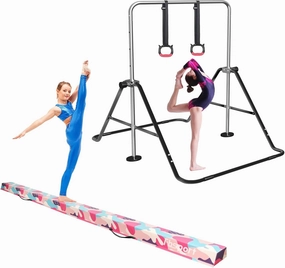 FBSPORT 8FT Folding Floor Beam, Ideal for Home Training and Professional Practice and Gymnastics Bar & Balance Beam Set for Kids, Adjustable Height Horizontal Bar with Rings