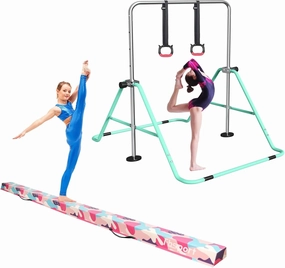 FBSPORT 8FT Folding Floor Beam, Ideal for Home Training and Professional Practice and Gymnastics Bar & Balance Beam Set for Kids, Adjustable Height Horizontal Bar with Rings