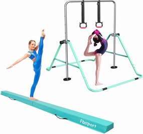 FBSPORT Gymnastics Bar & Balance Beam Set for Kids, Adjustable Height Horizontal Bar with Rings and 8Ft Folding Floor Beam, Ideal for Home Training and Professional Practice