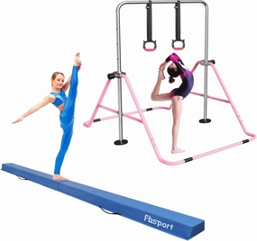 FBSPORT Gymnastics Bar & Balance Beam Set for Kids, Adjustable Height Horizontal Bar with Rings and 8Ft Folding Floor Beam, Ideal for Home Training and Professional Practice