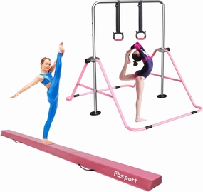 FBSPORT Gymnastics Bar & Balance Beam Set for Kids, Adjustable Height Horizontal Bar with Rings and 8Ft Folding Floor Beam, Ideal for Home Training and Professional Practice