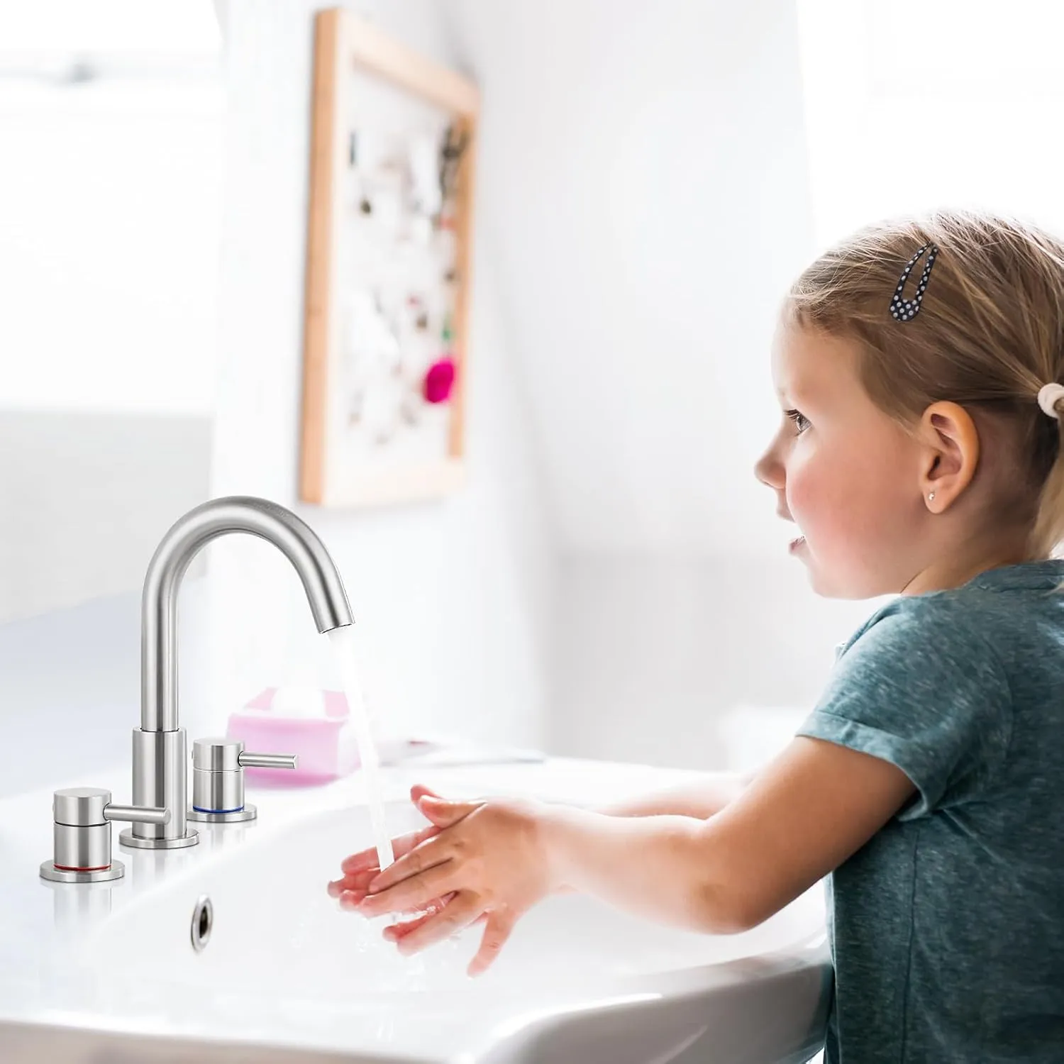 FGKQ Brushed Nickel Bathroom Faucet 3 Hole, 8 inch Widespread Bathroom Faucets for Sink 3 Hole Brushed Nickel with Pop-Up Drain Water Supply Lines