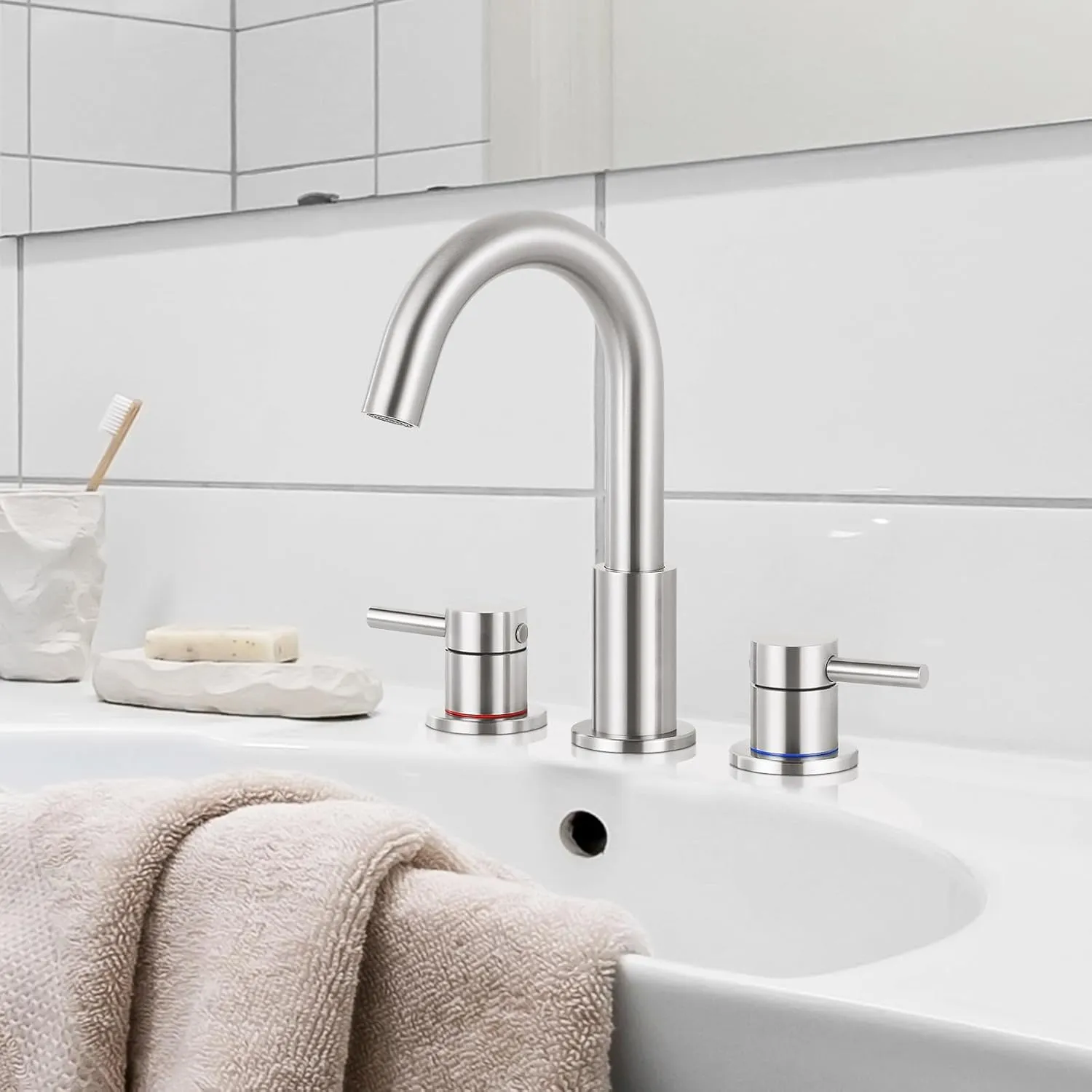 FGKQ Brushed Nickel Bathroom Faucet 3 Hole, 8 inch Widespread Bathroom Faucets for Sink 3 Hole Brushed Nickel with Pop-Up Drain Water Supply Lines