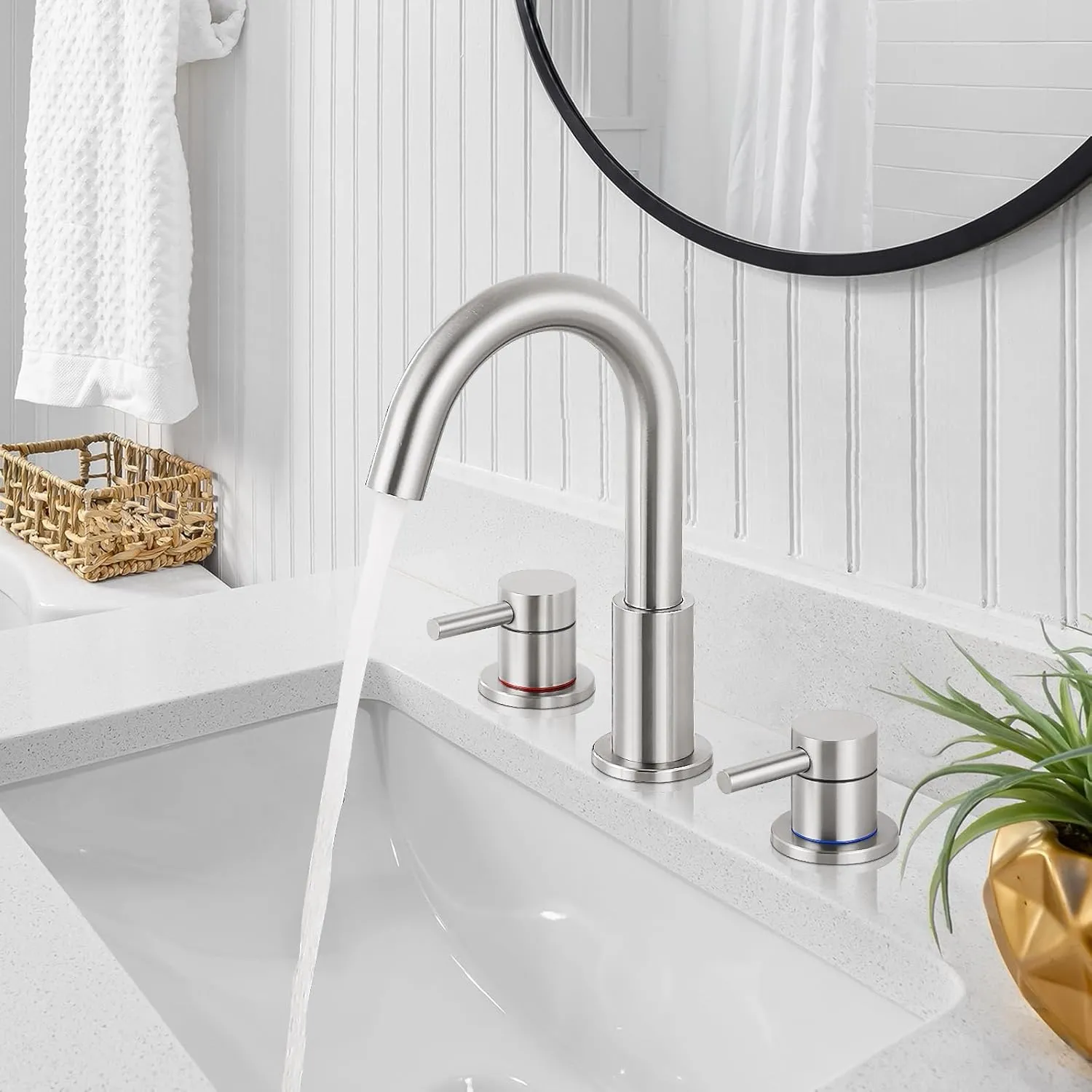 FGKQ Brushed Nickel Bathroom Faucet 3 Hole, 8 inch Widespread Bathroom Faucets for Sink 3 Hole Brushed Nickel with Pop-Up Drain Water Supply Lines