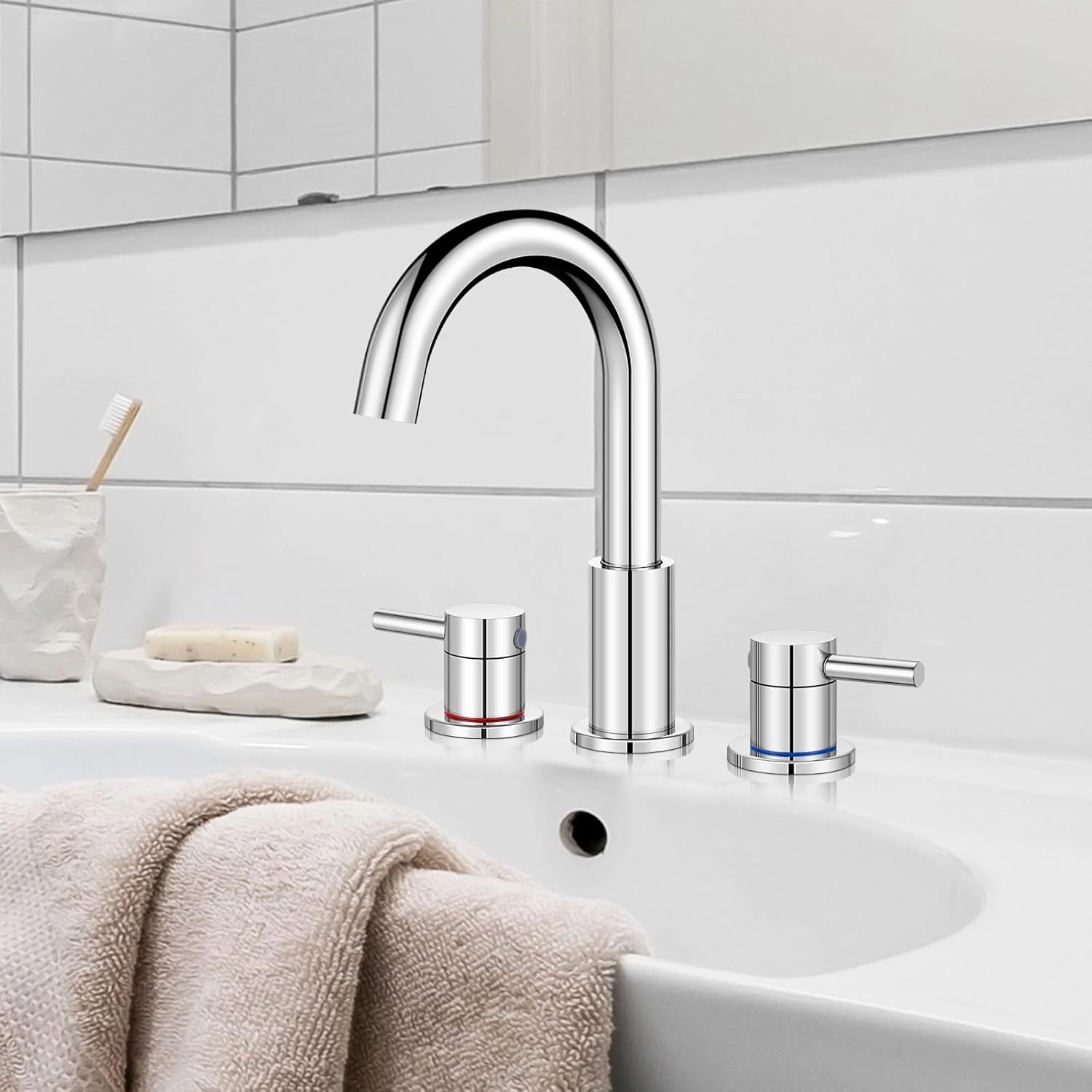 FGKQ Chrome Bathroom Faucet 3 Hole, Widespread Bathroom Faucets for Sink 3 Hole Chrome with Pop-Up Drain Water Supply Lines