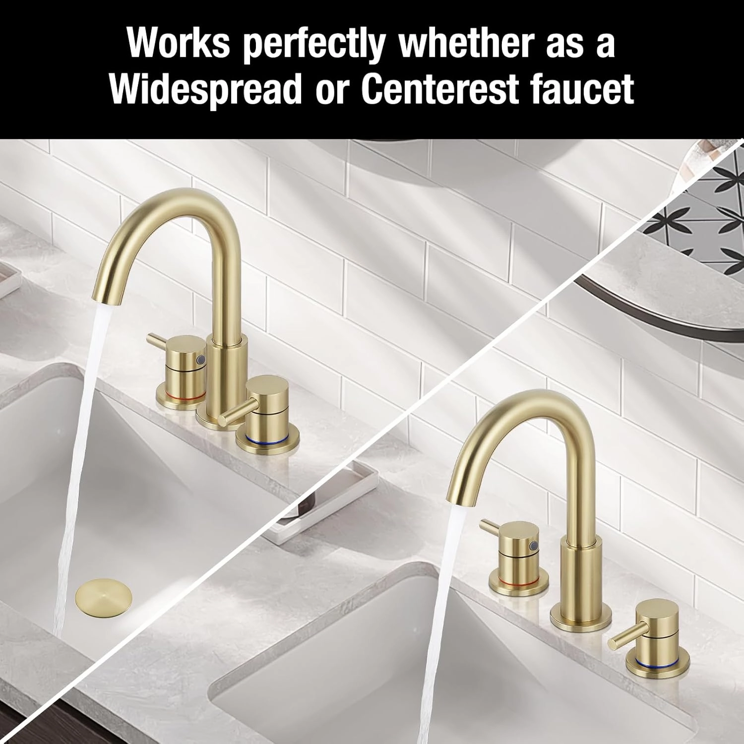 FGKQ Gold Bathroom Sink Faucet 2 Handle 8 Inch 3 Hole Widespread with Valve and Water Supply Hoses, with Overflow Pop Up Drain Assembly, Brushed Gold