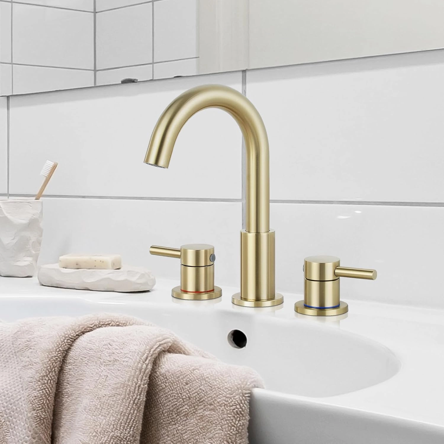 FGKQ Gold Bathroom Sink Faucet 2 Handle 8 Inch 3 Hole Widespread with Valve and Water Supply Hoses, with Overflow Pop Up Drain Assembly, Brushed Gold