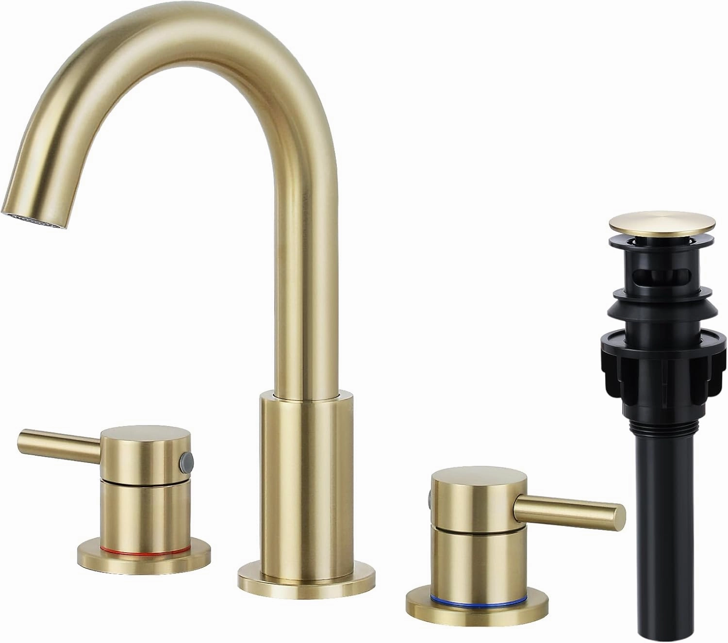 FGKQ Gold Bathroom Sink Faucet 2 Handle 8 Inch 3 Hole Widespread with Valve and Water Supply Hoses, with Overflow Pop Up Drain Assembly, Brushed Gold