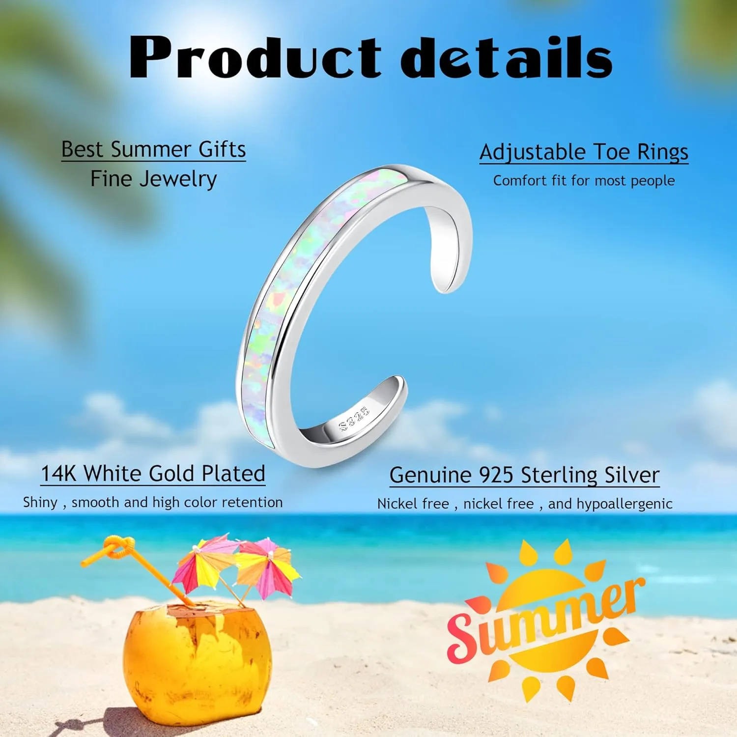 FIASASO 3Pcs 925 Sterling Silver Toe Rings for Women Adjustable 14K White Gold Plated Flower Twist Opal Band Rings Summer Beach Open Toe Rings Foot Jewelry Set