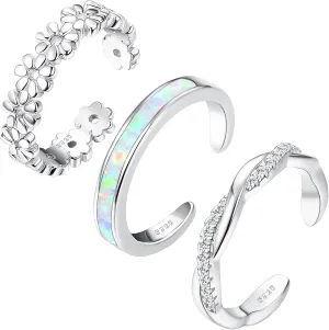 FIASASO 3Pcs 925 Sterling Silver Toe Rings for Women Adjustable 14K White Gold Plated Flower Twist Opal Band Rings Summer Beach Open Toe Rings Foot Jewelry Set