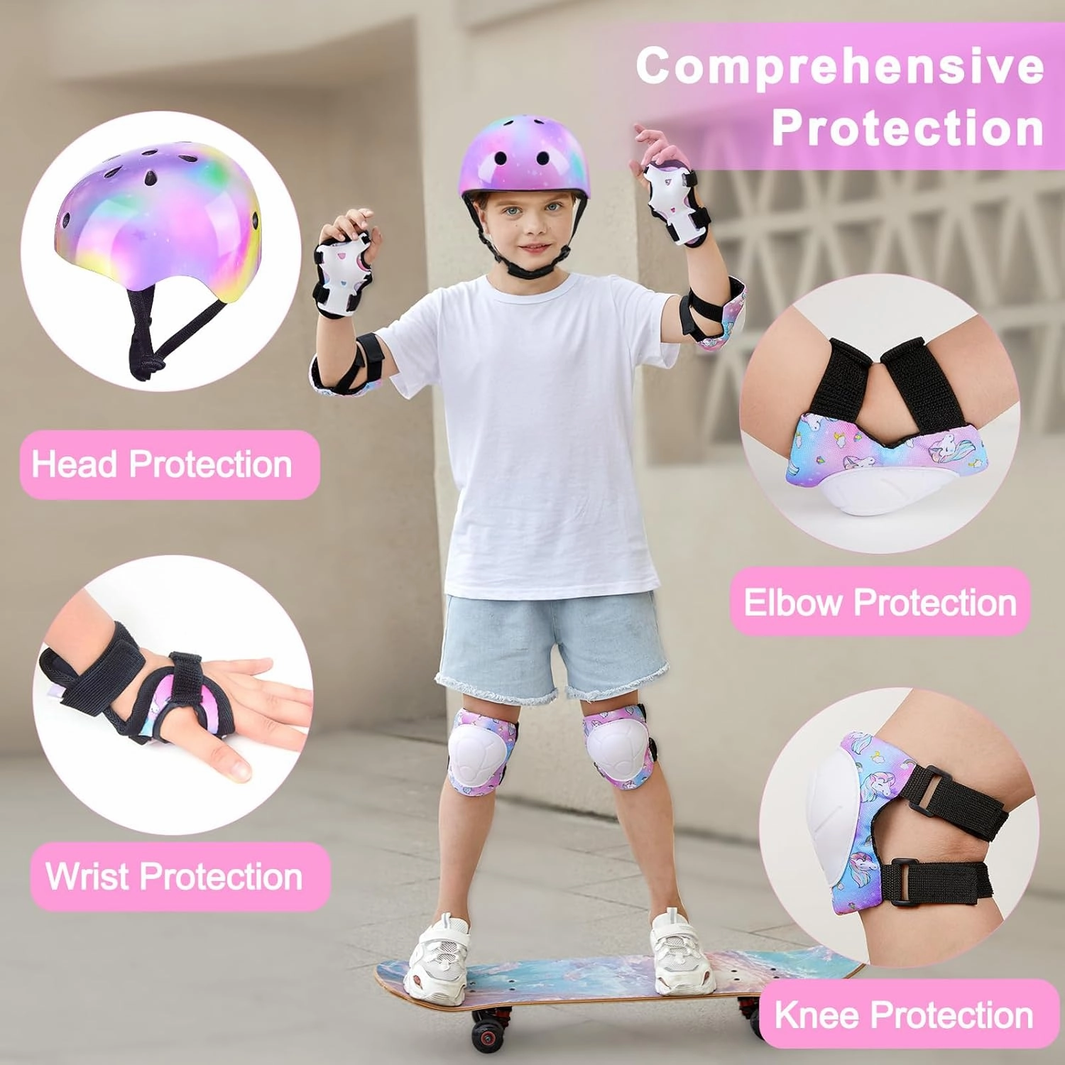 FIODAY Kids Helmet Knee Pads for Kids Unicorn Knee and Elbow Pads Wrist Guards Adjustable Protective Gear Set for Girls Boys Sports Skateboard Inline Skating Scooter