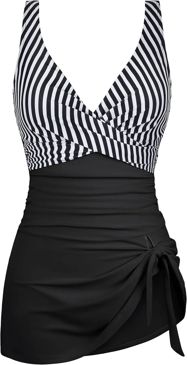 Firpearl Women's Underwire One Piece Swimdress Tummy Control Slimming Swim Dresses Criss Cross V Neck Skirt Bathing Suit