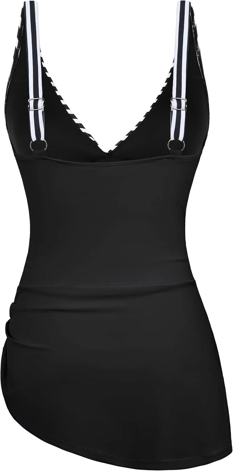 Firpearl Women's Underwire One Piece Swimdress Tummy Control Slimming Swim Dresses Criss Cross V Neck Skirt Bathing Suit