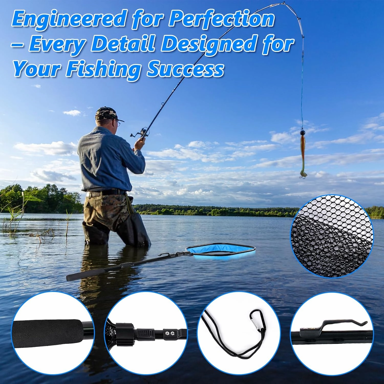 Floating Fishing Net for Steelhead, Salmon, Fly, Kayak, Bass,Trout Fishing, Catfish, Rubber Fish Net for Easy Catch & Release,Fishing Gear with Telescoping Handle Easy Transportation & Storage