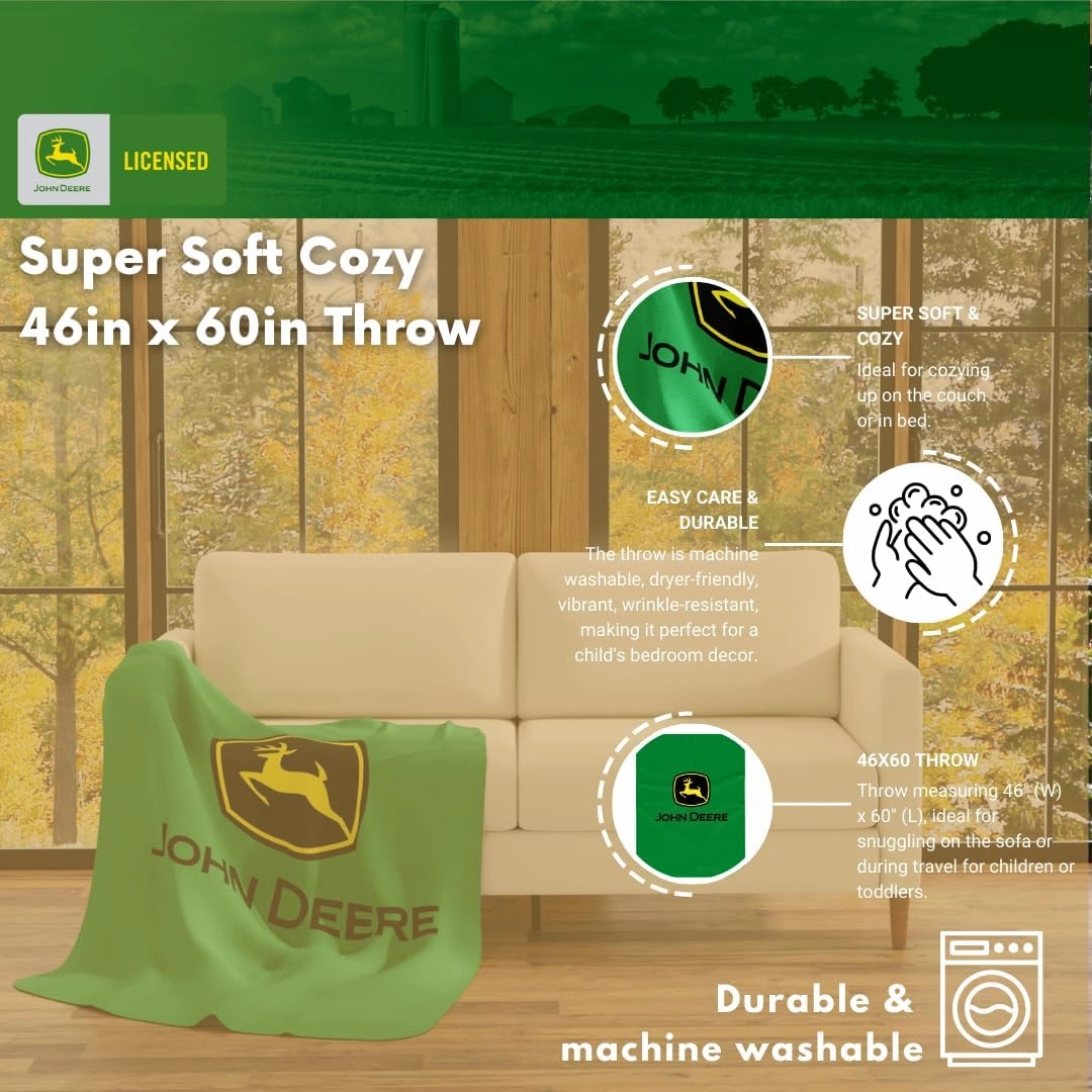Franco Collectibles John Deere Bedding Super Soft Cozy Plush Throw, 46 in x 60 in, (Officially Licensed Product)