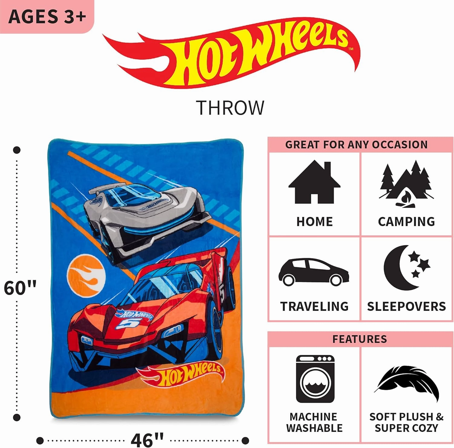 Franco Kids Bedding Super Soft Micro Raschel Throw, 46 in x 60 in, Hot Wheels