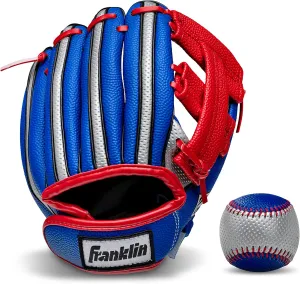 Franklin Sports Kids Baseball Glove   Ball Set - Air Tech Youth Teeball Glove - Boys   Girls Children's Glove   Ball - Right Hand Throw - Blue, Red and Silver, 9"